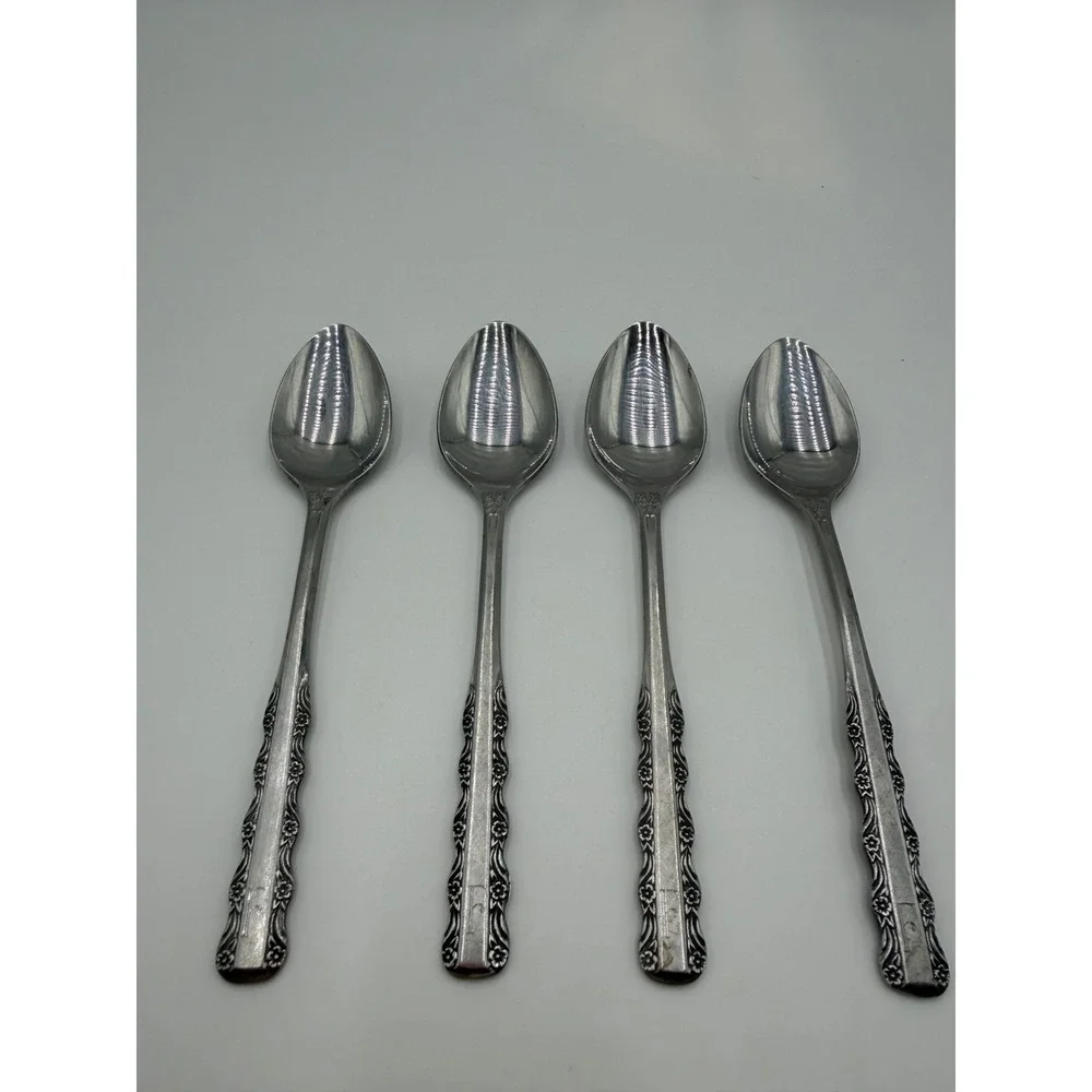 Ekco Eterna Florentine Stainless Steel Teaspoons Set of 4 Floral Vintage HK
